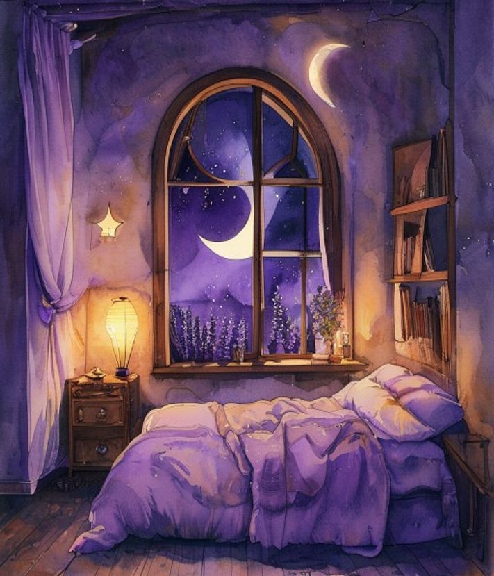 A cosy bedroom under a crescent moon, painted in warm watercolor